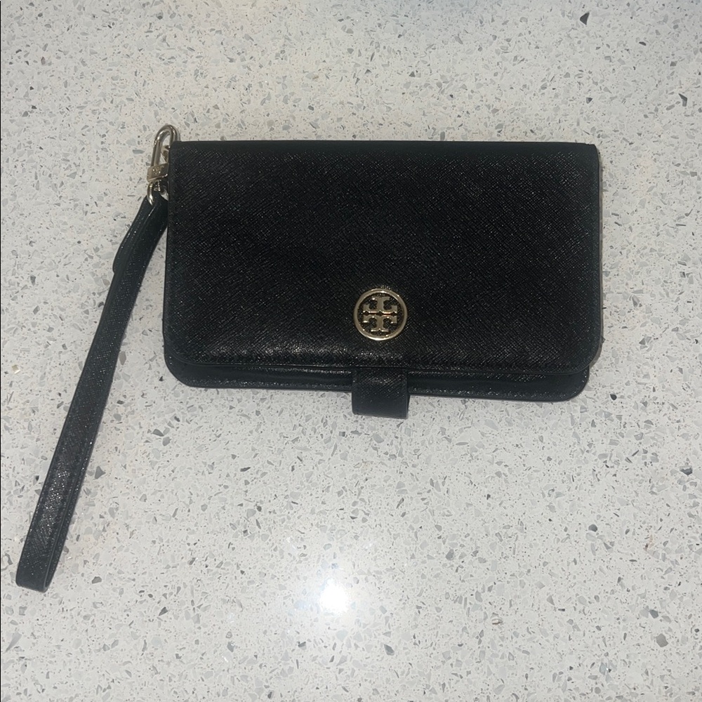 Tory Burch Black Leather Wristlet Clutch with Gold Logo